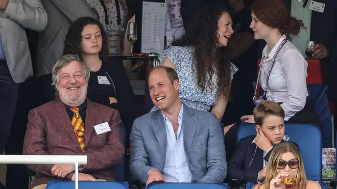 Marylebone Cricket Club President Stephen Fry with Prince William, Prince of Wales, and Prince Geroge, during the second Ashes Test on Day 4 England v Australia at Lords, London, July 1, 2023  (Photo by Mark Cosgrove/News Images)