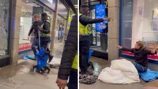 The security guard was filmed mopping around the homeless man