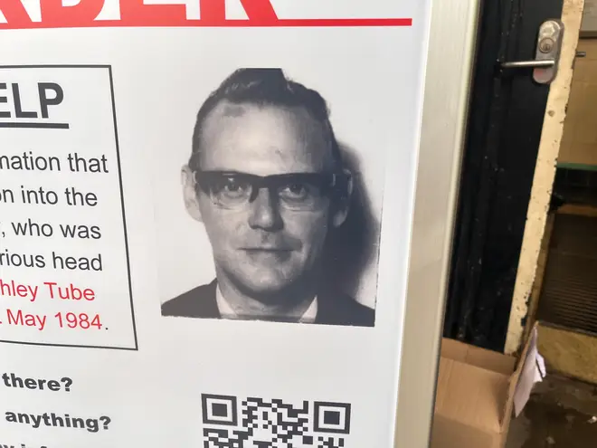 An appeal poster outside East Finchley Underground station in north London as Metropolitan Police detectives are appealing for information in the unsolved murder of Anthony Littler