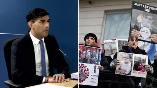 Rishi Sunak is facing the Covid inquiry today - right, protests outside