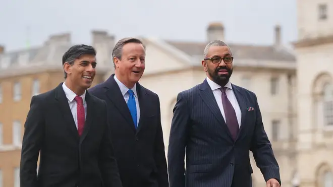 Prime Minister Rishi Sunak walks with Foreign Secretary Lord David Cameron and Home Secretary James Cleverly at Horse Guards Parade, central London, Tuesday November 21, 2023