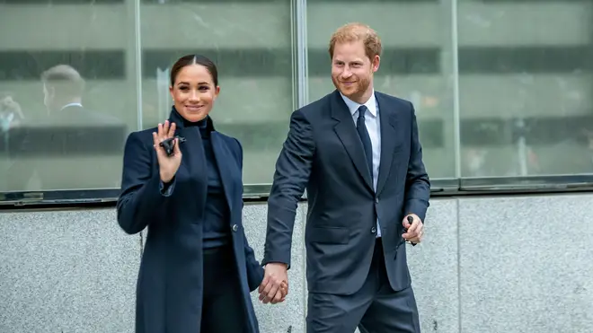 Meghan, The Duchess of Sussex and her husband Prince Harry exit the One World Observatory in New York City's World Trade Center, New York, USA. 23rd Sep, 2021. Credit: Enrique Shore/Alamy Live News