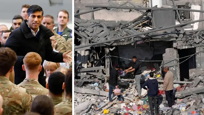 Rishi Sunak has called for a ‘sustainable ceasefire’. (Right) Palestinians salvage belongings after an Israeli strike