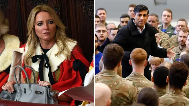 Michelle Mone (l) has hit back at Rishi Sunak after the PM spoke about the PPE scandal ion a visit to RAF Losiemouth  (r)
