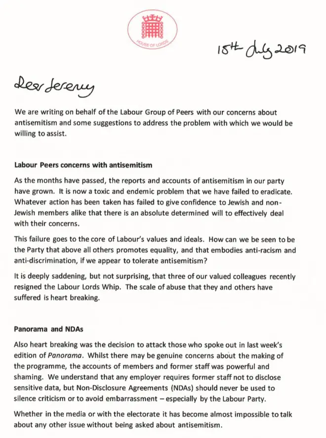 Leading Labour peers wrote a letter to Jeremy Corbyn offering to help combat anti-Semitism in the Party