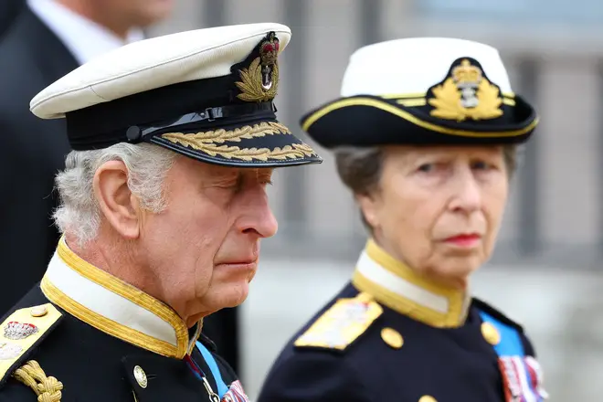 Princess Anne at the Queen's funeral with her brother King Charles
