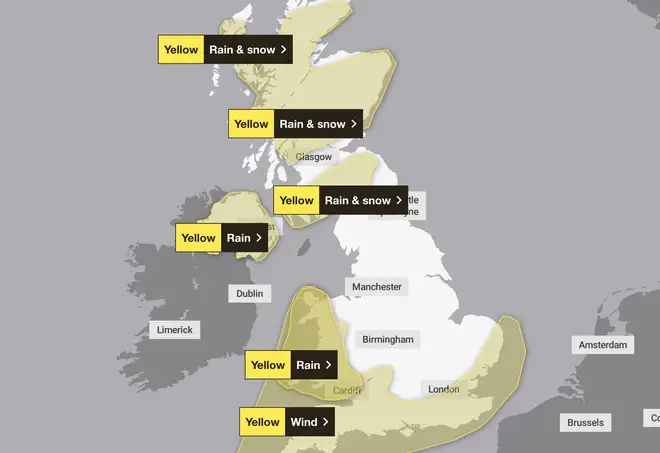 Map of weather warnings in place