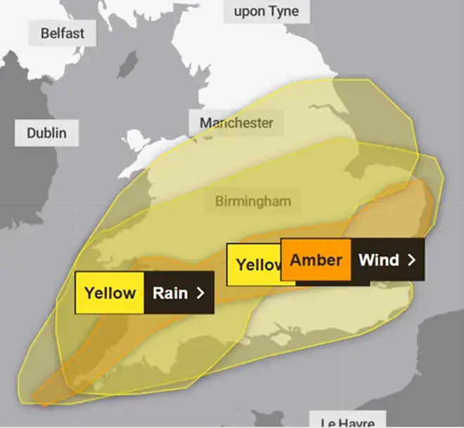 A yellow warning for rain and an amber warning for wind were in place as Storm Henk batters the UK.