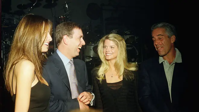 Melania Trump, Prince Andrew, Gwendolyn Beck and Jeffrey Epstein at a party at the Mar-a-Lago club, Palm Beach, Florida, February 12, 2000