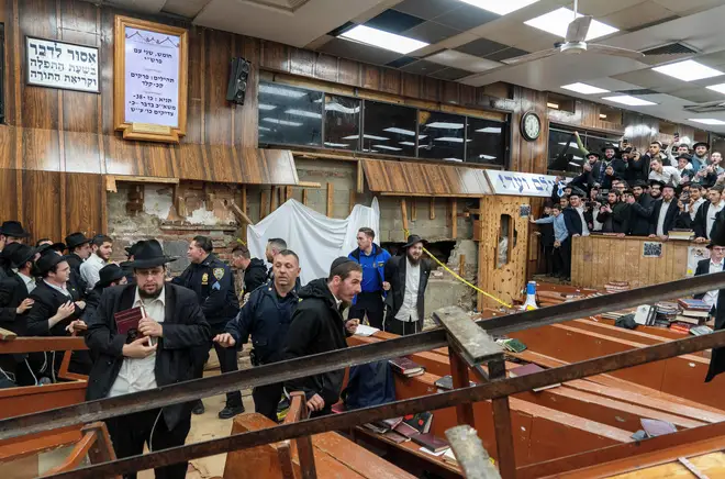 Hasidic Jewish students riot against New York Police officers who were called to inspect a secret tunnel dug under the synagogue