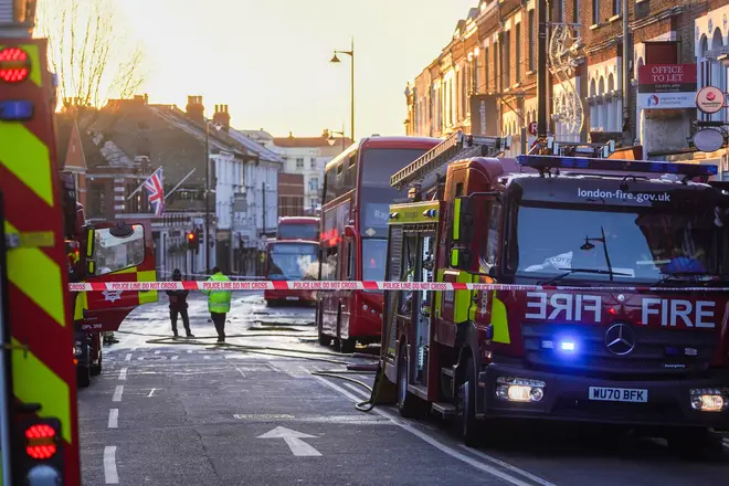 Emergency services at the scene of the bus fire in Wimbledon