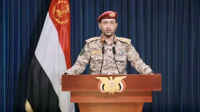 Houthi military spokesman Yahya Sarea making a statement in Sanaa