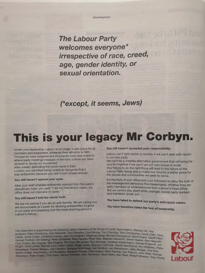 The Guardian advert says Labour can&squot;t fight racism in society "if we can&squot;t deal with racism in our own party"
