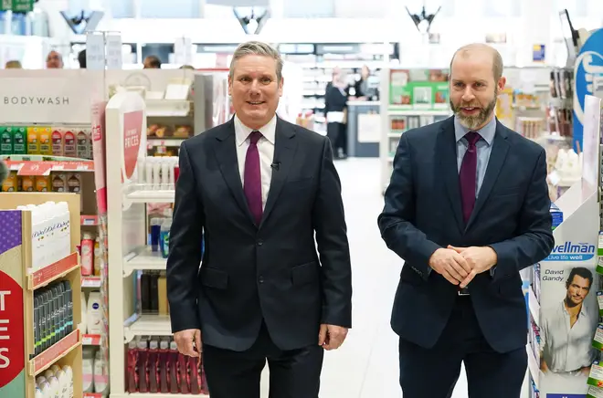 Labour Party leader Sir Keir Starmer (left) and shadow business secretary Jonathan Reynolds during their visit to a Boots pharmacy in Barnet, north London