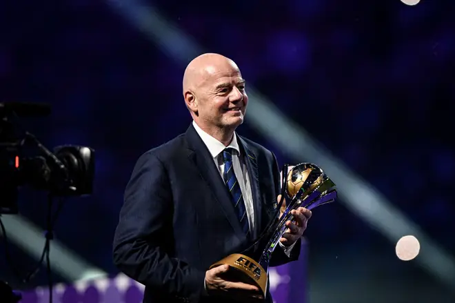 FIFA president Gianni Infantino with FIFA World Club Cup Trophy after Man City win 4-0 the FIFA Club World Cup Final match between Manchester City and Fluminense at King Abdullah Sports City on December 22, 2023, Jeddah