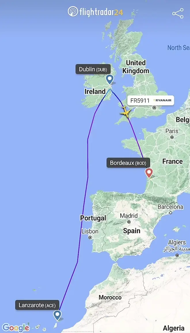 A flight from Tenerife to Dublin was diverted to France