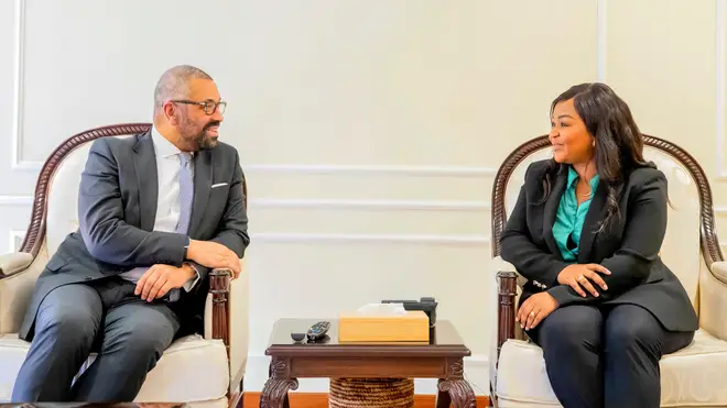 Home Secretary James Cleverly talks with Rwanda Permanent Secretary in Ministry of Foreign Affairs Clementine Mukeka, December 5, 2023