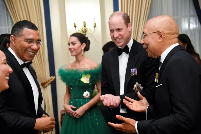 The Duke and Duchess of Cambridge (centre) talk with Jamaica's Prime Minister Andrew Holness (left) in March 2022