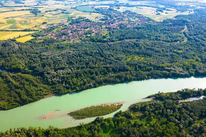 Aerial view of Drava river and Legrad village, Podravina region of Croatia, border with Hungary