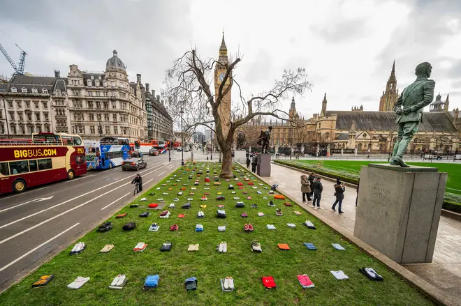 Parliament Square is filled with folded outfits representing people lost to knife crime in 2023