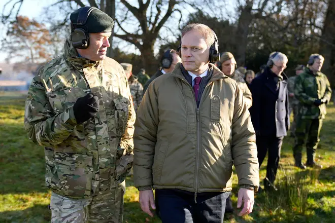 Secretary of State for Defence Grant Shapps, speaks to Chief of the General Staff General Patrick Sanders during a visit to a military training camp in East Anglia in the UK