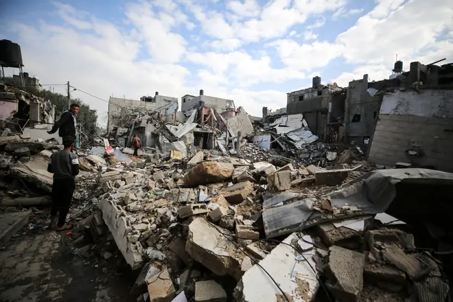 Palestinians are inspecting the damage in Nuseirat, central Gaza Strip