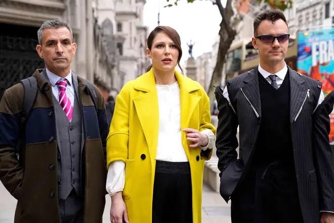 Simon Blake (left), Nicola Thorp and Colin Seymour (right) arriving at the Royal Courts Of Justice