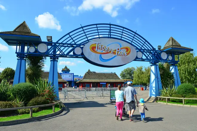 Entrance sign to Thorpe Park Theme Park, Chertsey, Surrey