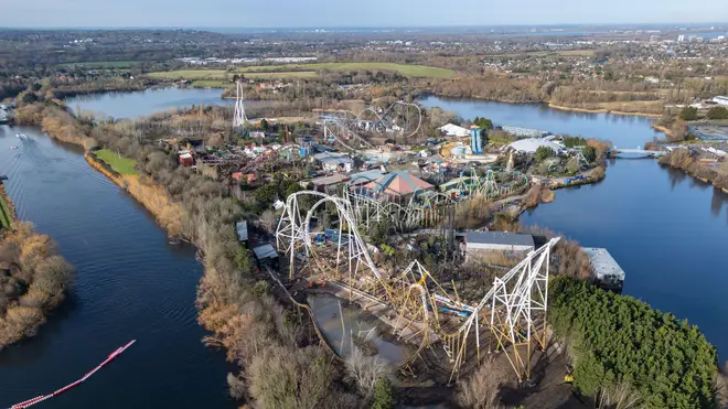 Aerial view of Thorpe Park in Thorpe, Surrey in January 2024, where the new Hyperia ride is under construction