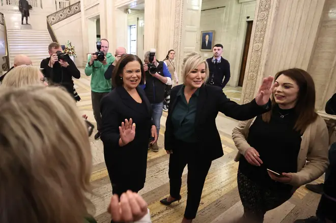 Sinn Fein president Mary Lou McDonald (centre) and vice-president Michelle O'Neill after addressing media in the Great Hall at Stormont, Belfast, January 30