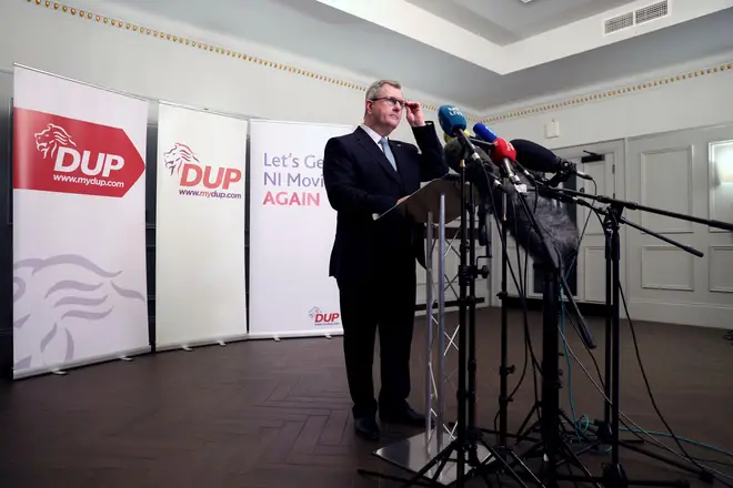 Democratic Unionist Party (DUP) leader Jeffrey Donaldson speaks to the media during a press conference at Hinch Distillery, Temple, Northern Ireland, Tuesday