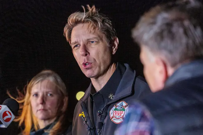 Boise Fire Department Operations Chief Aaron Hummel speaks at a press conference about a building collapse that happened near the Boise Airport, in Boise, Idaho, Wednesday, Jan. 31, 2024. (Sarah A. Miller/Idaho Statesman via AP)
