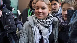 Greta Thunberg arriving at court for her trial over oil protest
