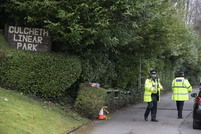 Police officers at the scene in Culcheth Linear Park in Warrington, Cheshire, following the death of Brianna Ghey, 16.