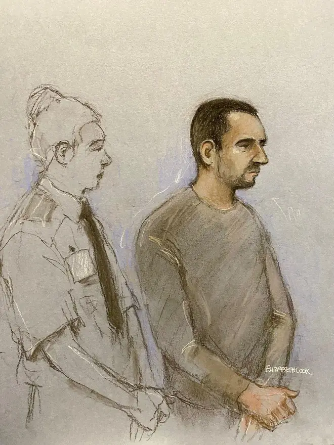 Court artist sketch of Anthony Snook (right), 44, appearing at Bristol Magistrates' Court charged with the murders of Mason Rist, 15, and Max Dixon, 16