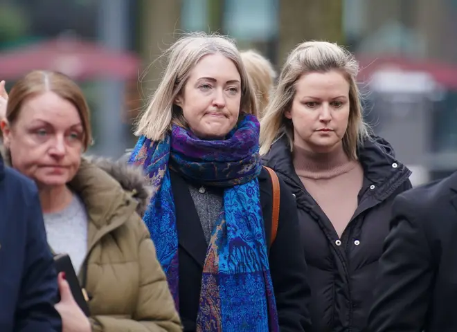 Brianna Ghey's (centre) mother Esther Ghey arrives at Manchester Crown Court as a boy and a girl, both 16, are due to be sentenced and named for the murder of the teenager, Friday