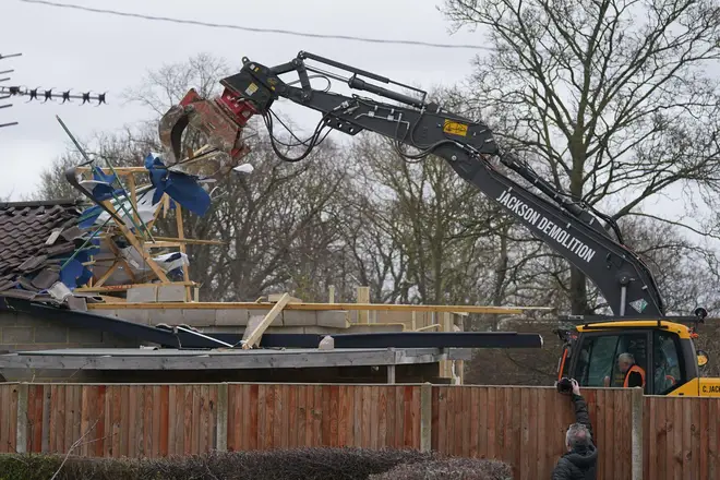 Work continues to demolish an unauthorised spa pool block at the home of Hannah Ingram-Moore, the daughter of the late Captain Sir Tom Moore, at Marston Moretaine, Bedfordshire. Picture date: Monday February 5, 2024.