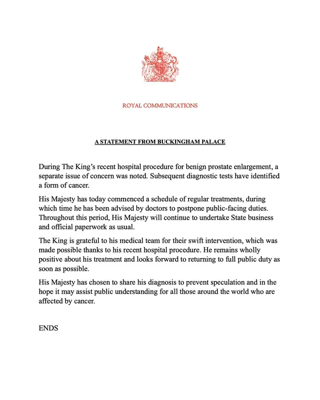 Buckingham Palace announced Charles' cancer on Monday evening