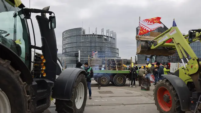 Farmers gathered outside the European Parliament in Strasbourg for a protest