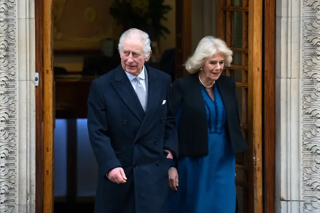 King Charles III departs with Queen Camilla after receiving treatment for an enlarged prostate at The London Clinic on January 29