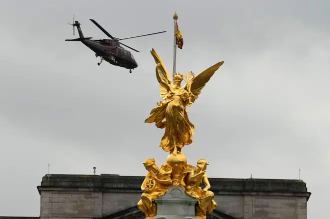 A helicopter departs from Buckingham Palace believed to be carrying King Charles III and Queen Camilla in London