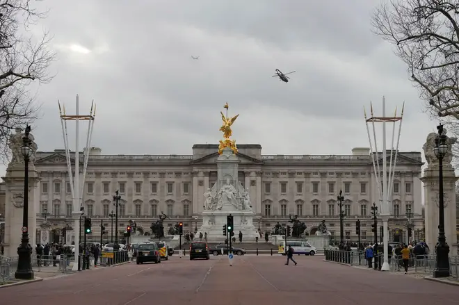 A helicopter departs from Buckingham Palace believed to be carrying King Charles III and Queen Camilla