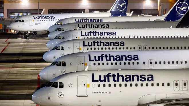 Lufthansa aircraft parked at the airport in Frankfurt, Germany
