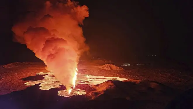 Aerial view of the volcano erupting north of Grindavik, Iceland