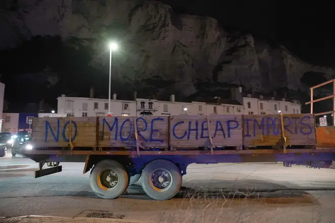 Farmers using their vehicles to cause disruption and slow traffic around the Port of Dover as they protest against cheap meat imports. Picture date: Friday February 9, 2024.