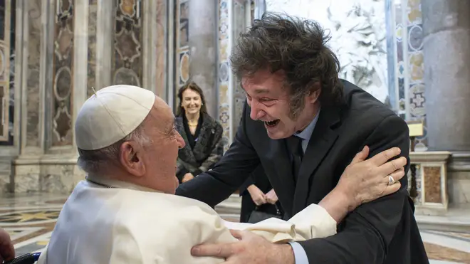 Argentine President Javier Milei greets Pope Francis