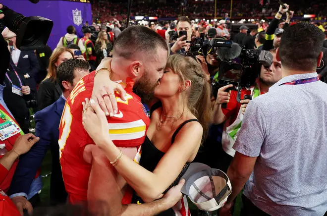 Sealed with a kiss: Taylor and Travis celebrate Super Bowl win