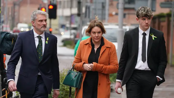 Barnaby Webber's family (left to right) father David Webber, mother Emma Webber and brother Charlie Webber, arrive at Nottingham Crown Court where Valdo Calocane was sentenced