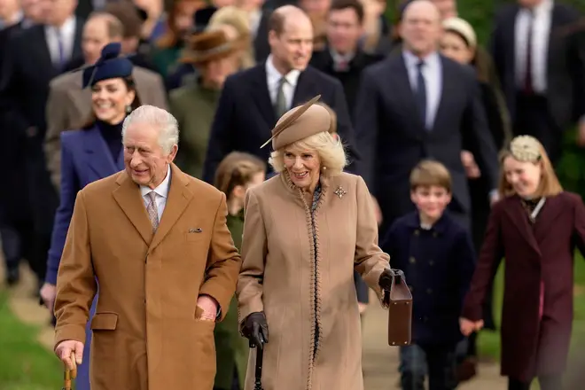 King Charles III and Queen Camilla arrive to attend the Christmas day service at St Mary Magdalene Church in Sandringham in Norfolk, 2023