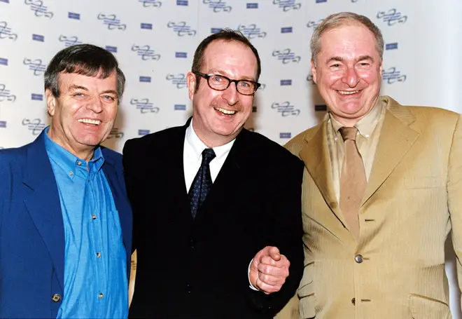 Radio DJ Steve Wright (centre) with Tony Blackburn (left) and Paul Gambachini